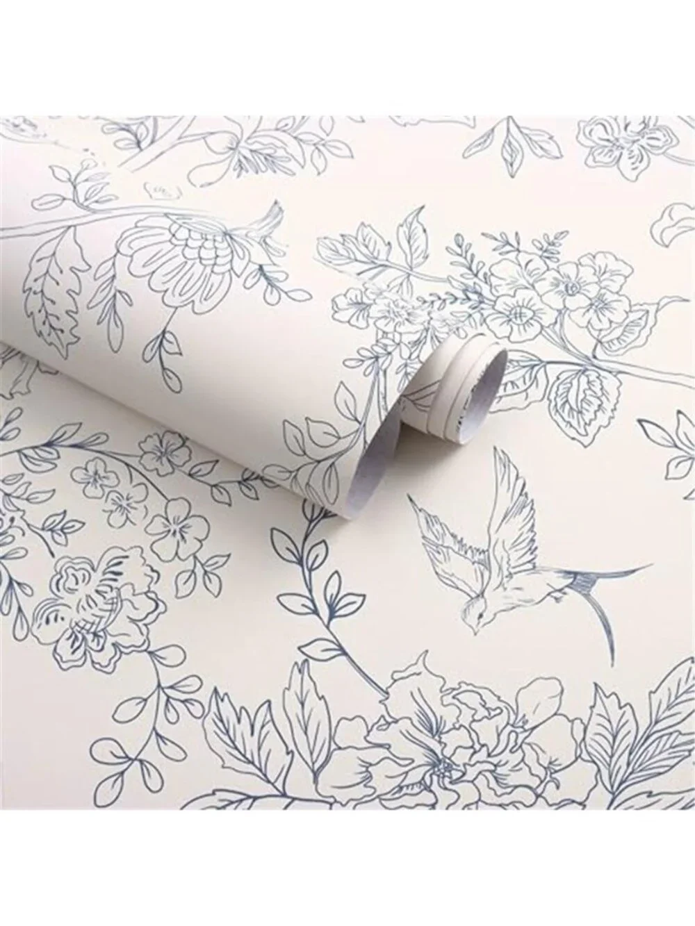 Cream White and Blue Floral Peel and Stick Wallpaper 17.7in×118.1in |Blue Floral
